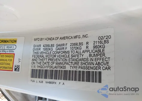 2020 Honda Accord Ex-L из США, поврежденный, VIN 1HGCV1F5XLA070435